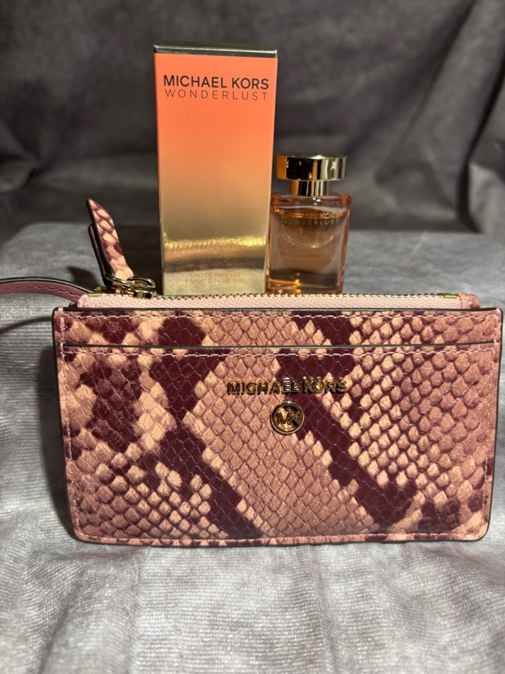 Michael Kors Rose Snake-Print Leather Card Wallet with Gold Hardware
